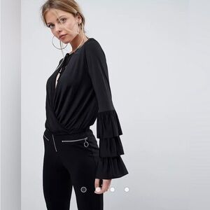 ASOS Wrap Front Top with Frill Sleeves and
Tie Neck Black